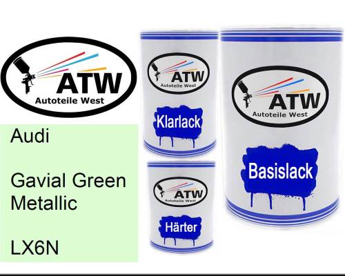 Audi, Gavial Green Metallic, LX6N: 500ml Lackdose + 500ml Klarlack + 250ml Härter - Set, von ATW Autoteile West.